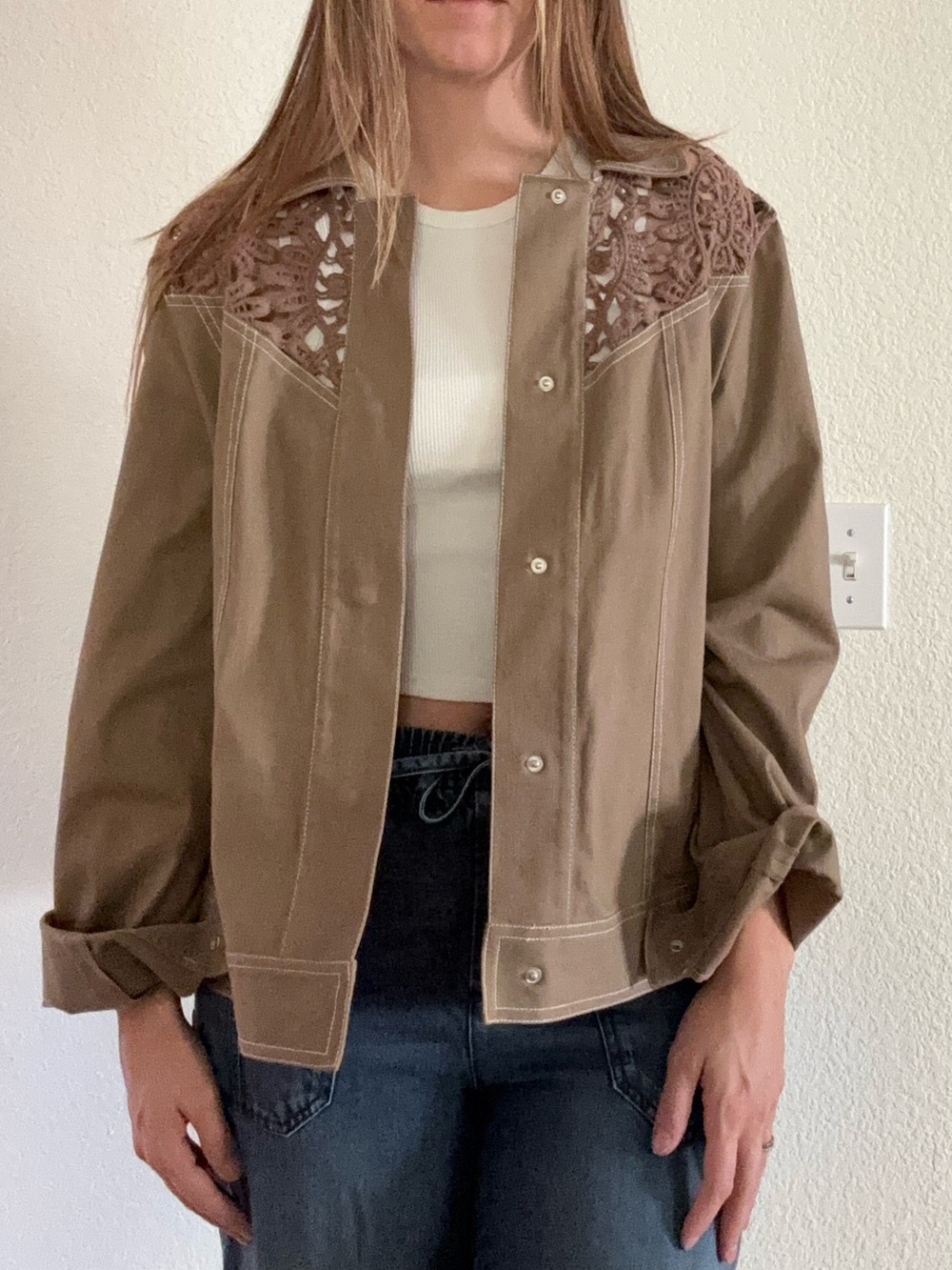 Vintage Boho Lace Crochet Utility Jacket Tan Western Contrast Stitch 98% cotton